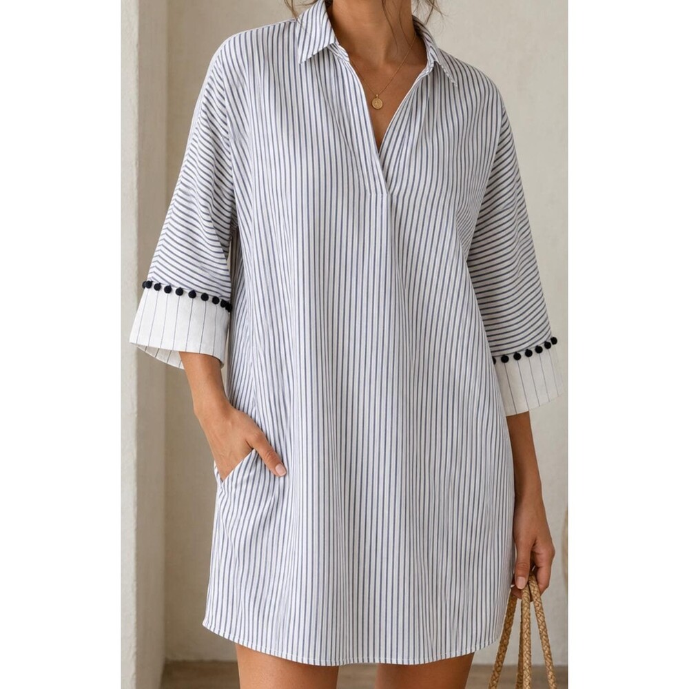 Zara Basic Striped Linen Blend Tunic Dress XS Oversized Pom Pom Sleeve